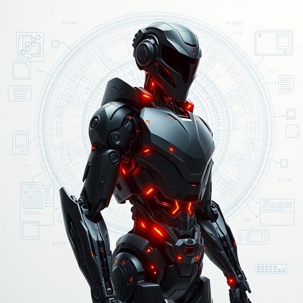 Cybernetic Warrior Standing Amidst High-Tech Schematics