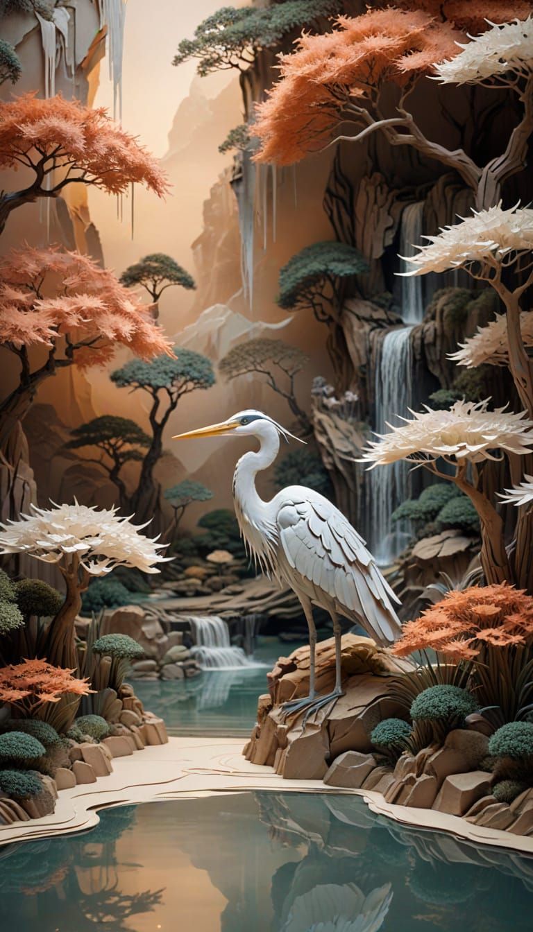 Surreal Paper Heron in Abstract Zen Garden