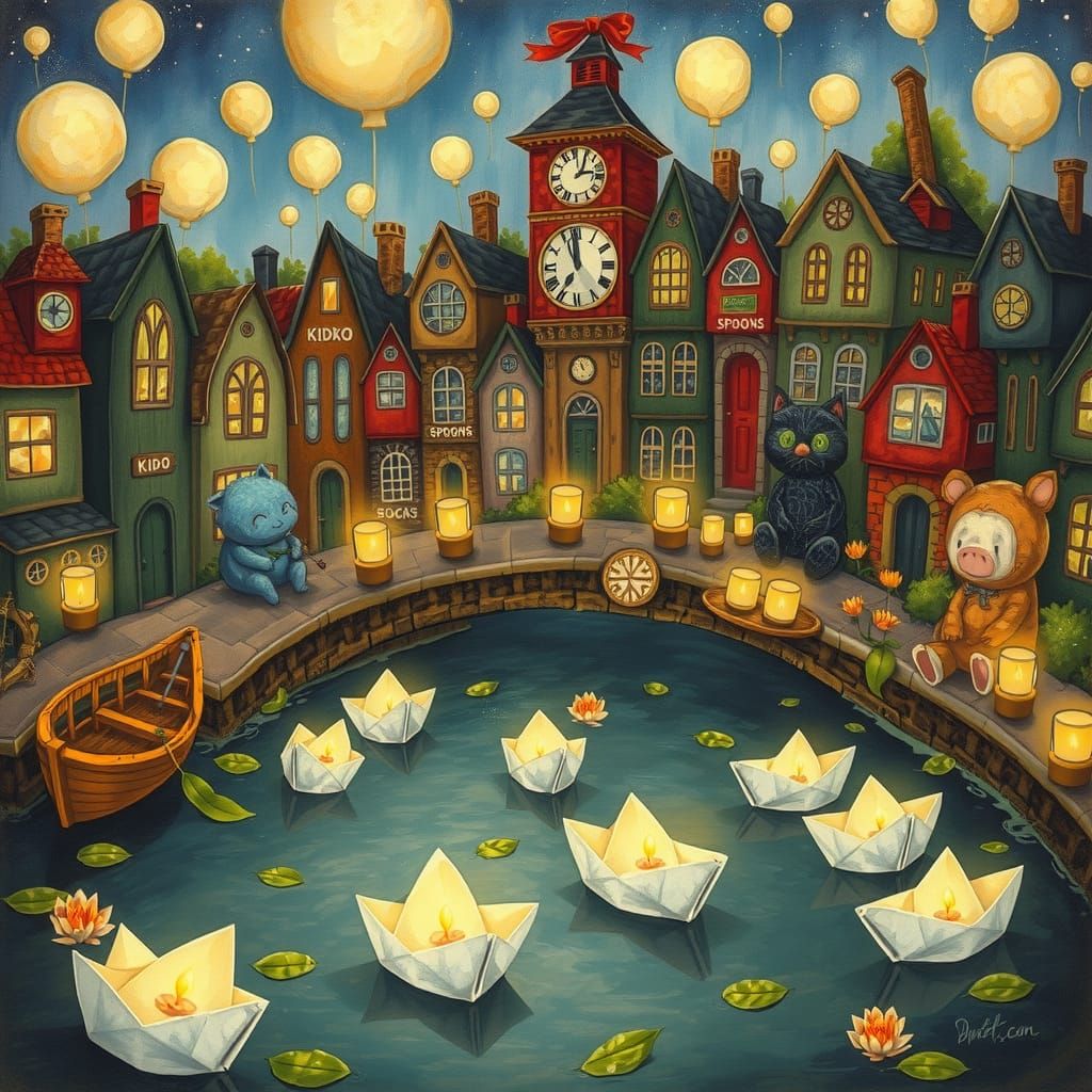 Whimsical Fantasy Town at Night with Floating Boats