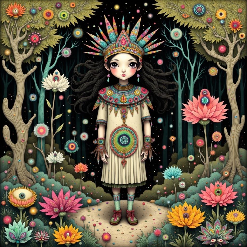 Miwok Tribal Figure in Mystical Forest, Art Nouveau Style