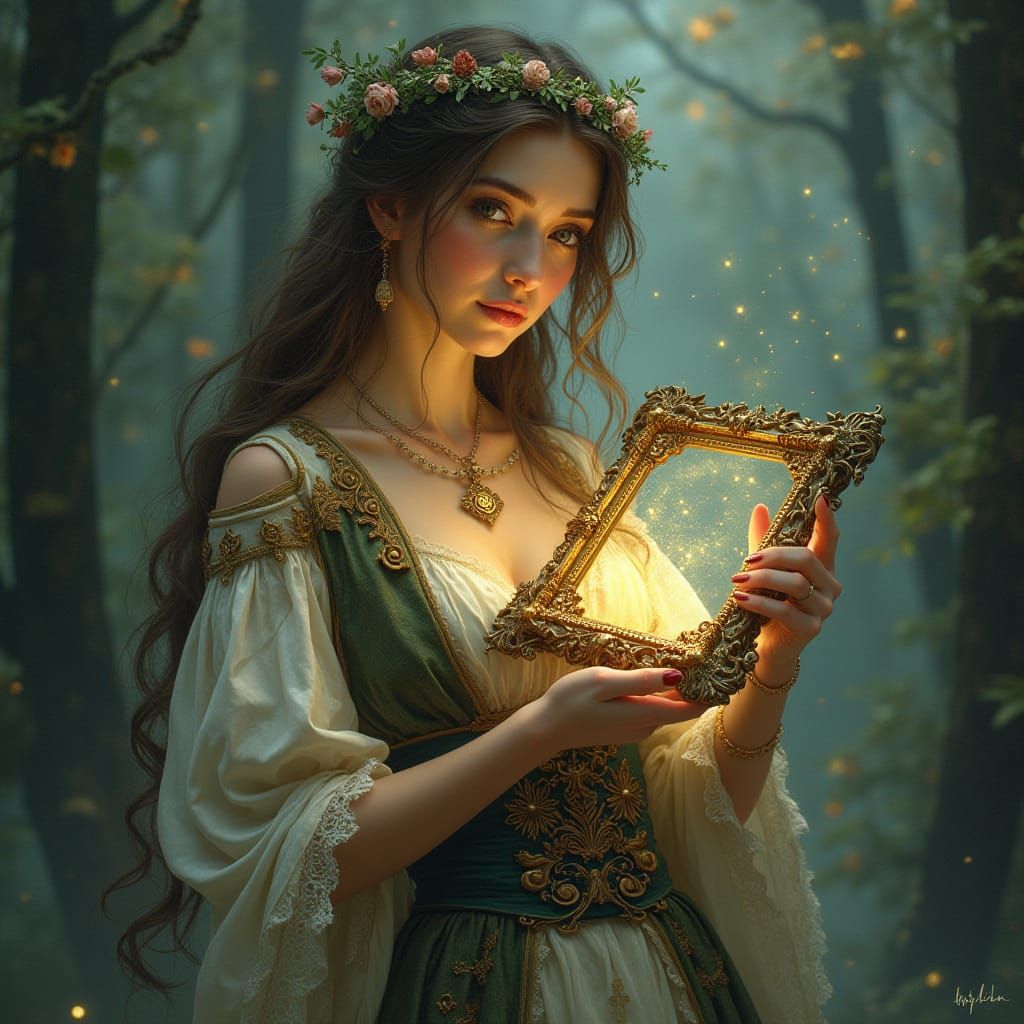 Ethereal Lady Holds Whimsical Picture Frame in Dreamlike For...