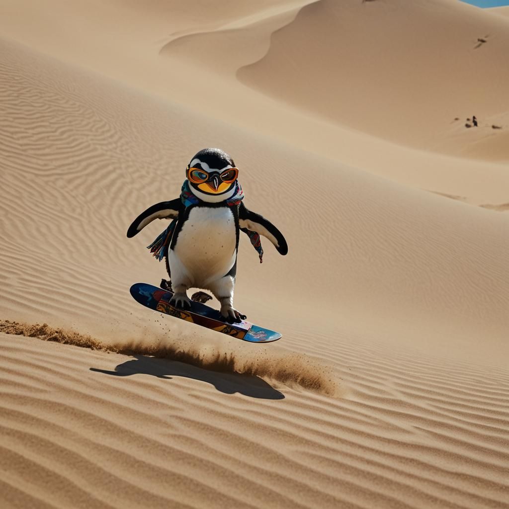 Penguin Snowboarding on Desert Dune, Digital Painting