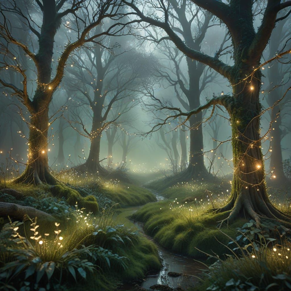 Ethereal Winter Forest Clearing with Fairy Lights