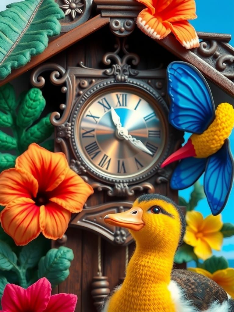 Surreal Cuckoo Clock with Tropical Beach and Rainforest