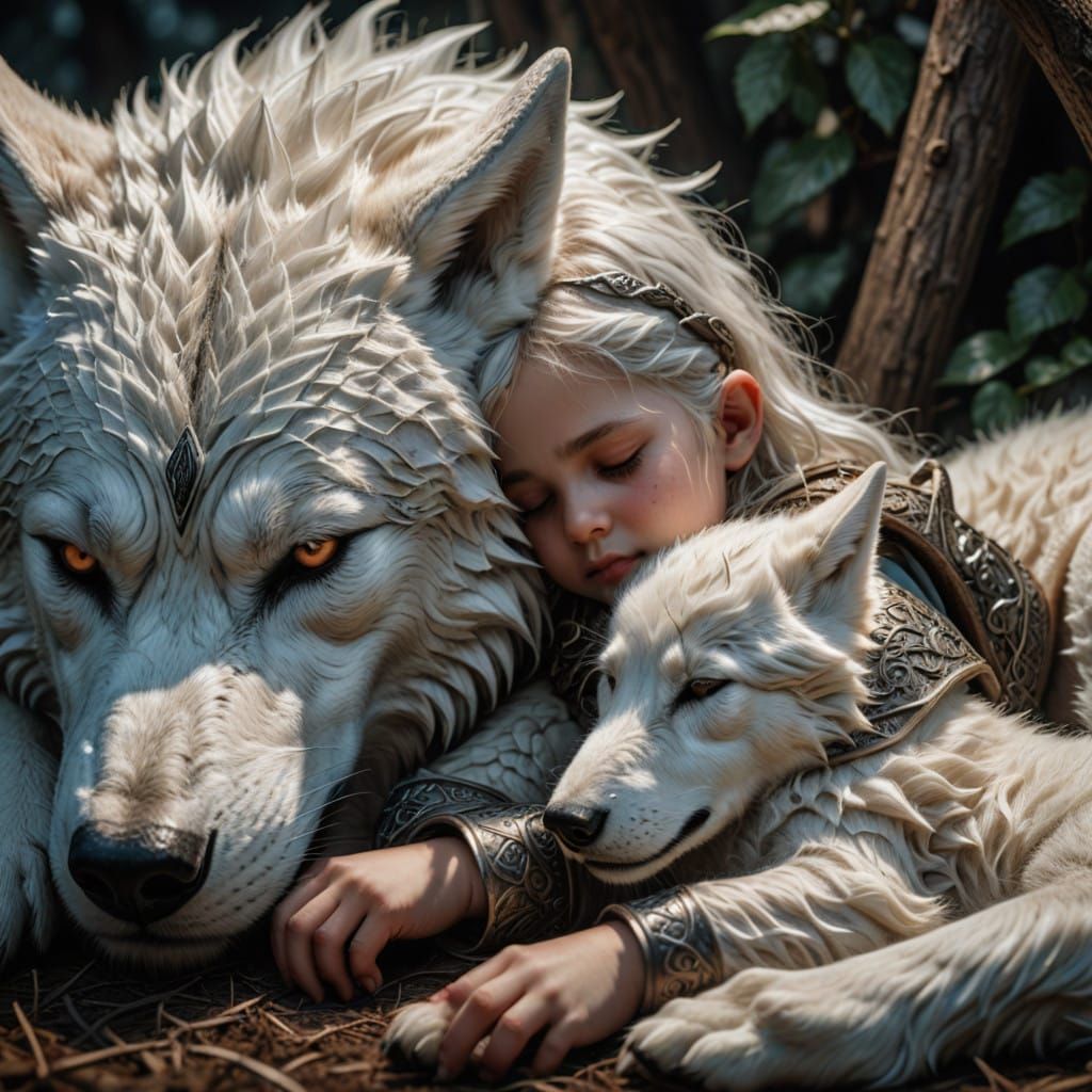 Girl sleeping with her wolves