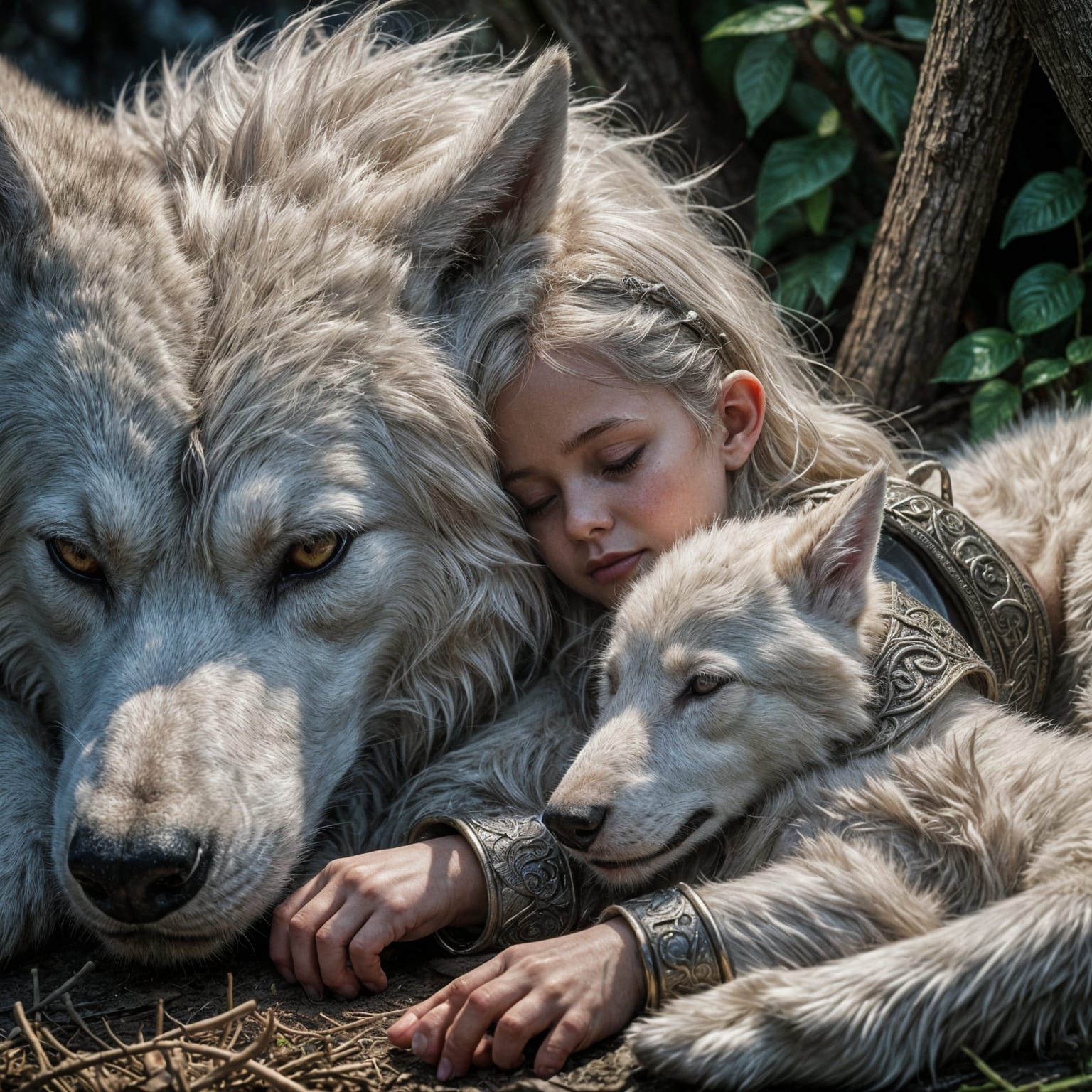 Girl sleeping with her wolves