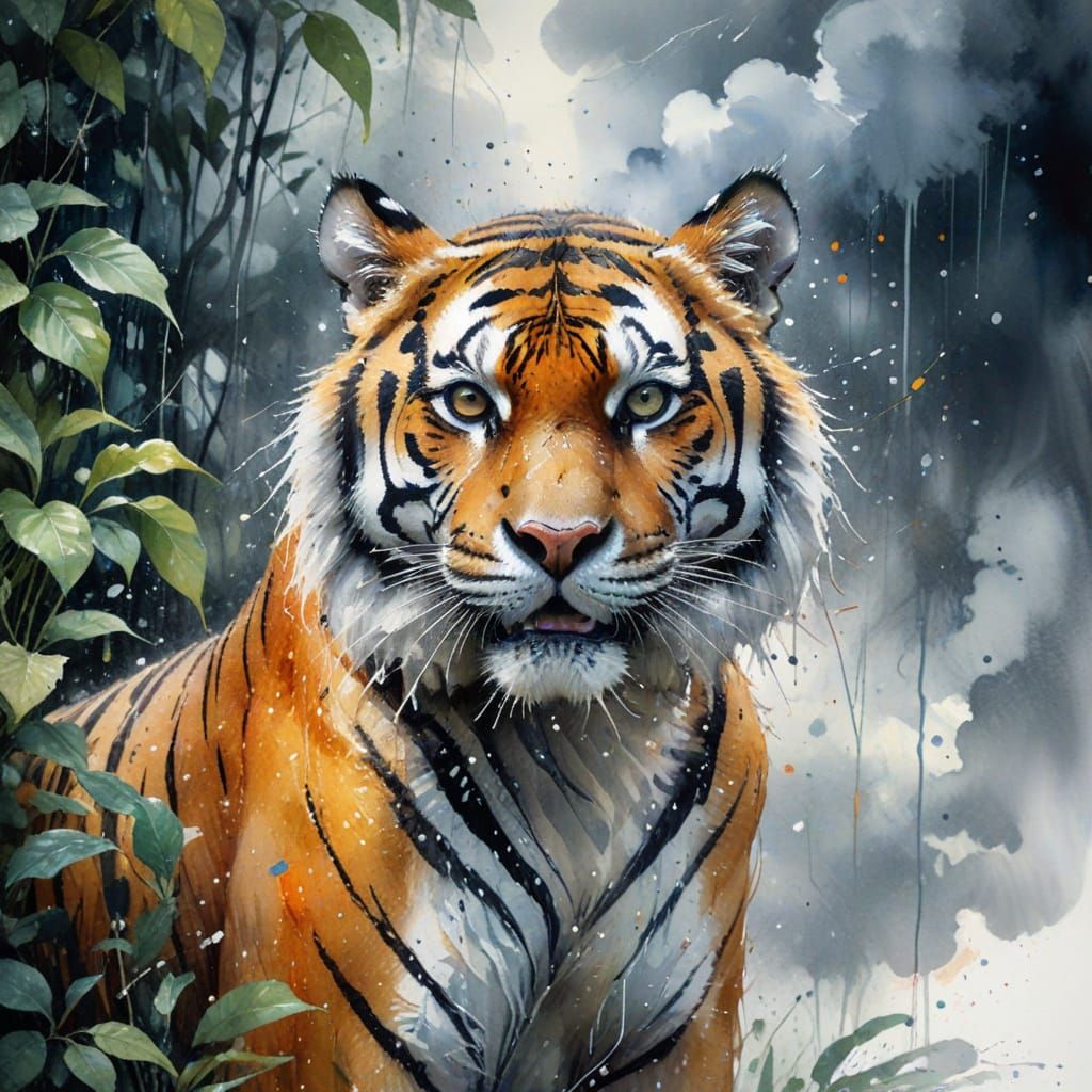 Tiger in Monsoon Sky: Watercolour and Cinematic Style