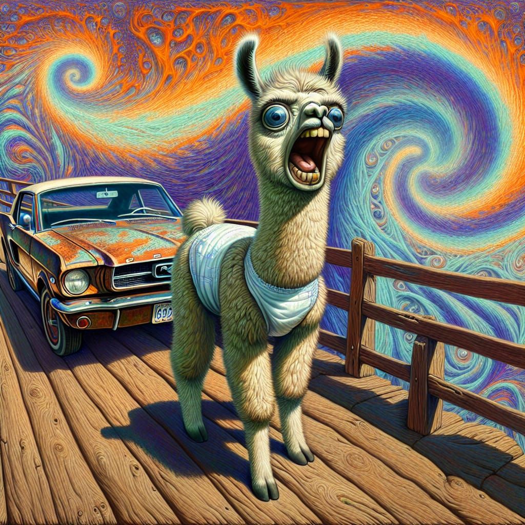 Emotive Llama's Anguish on Twisted Bridge, Oil on Canvas