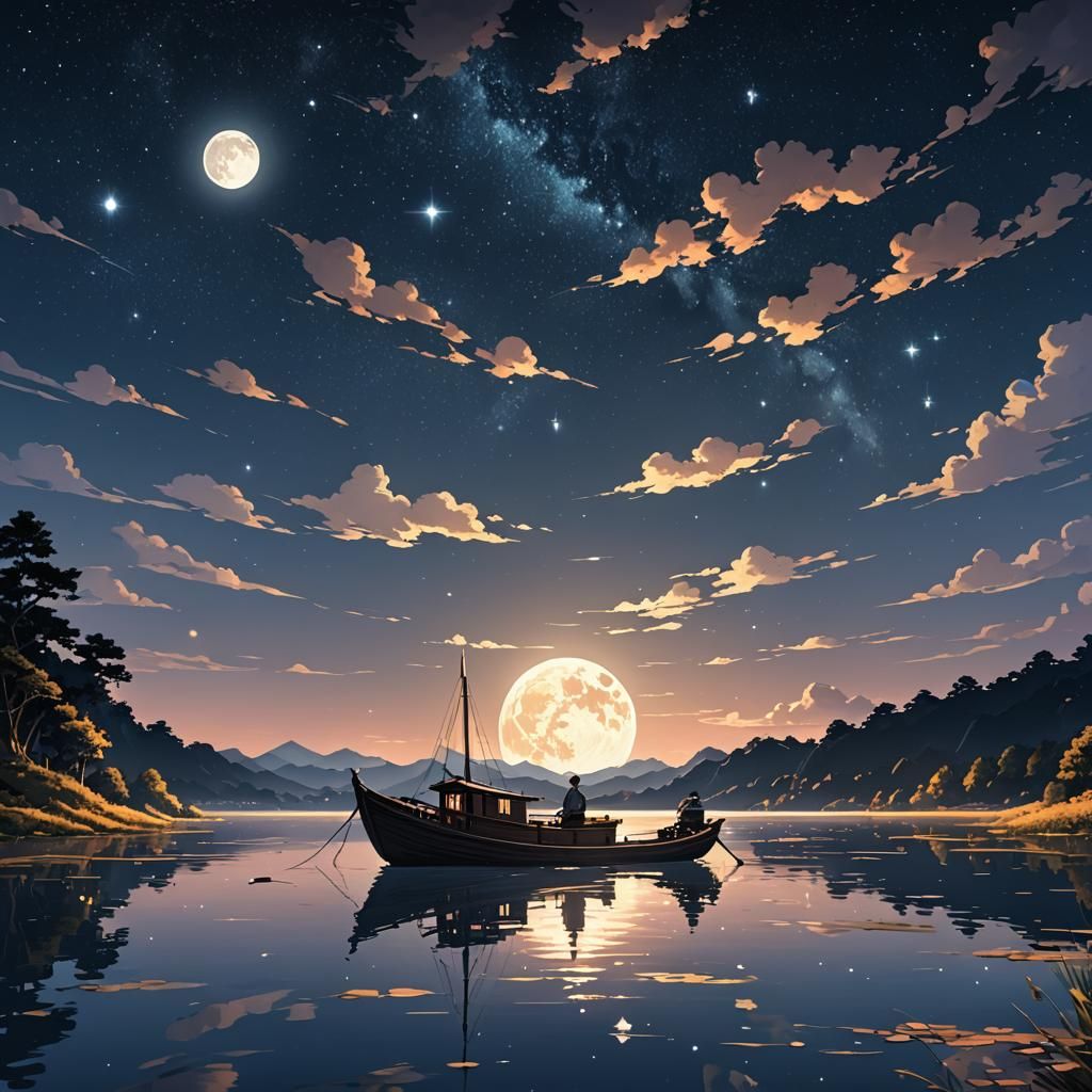 Boat on Lake Under Starry Moonlit Sky