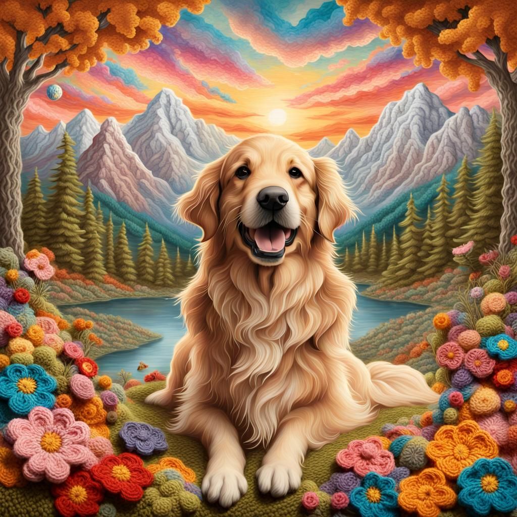 Crocheted Golden Retriever in Fairy Forest