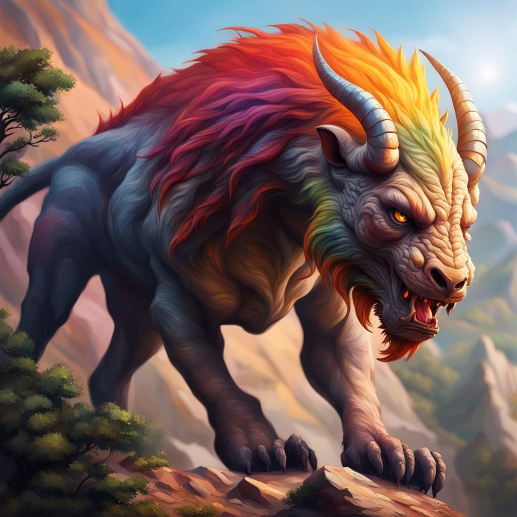 Hyperrealistic Chimera in Mountain Biome Splash Art