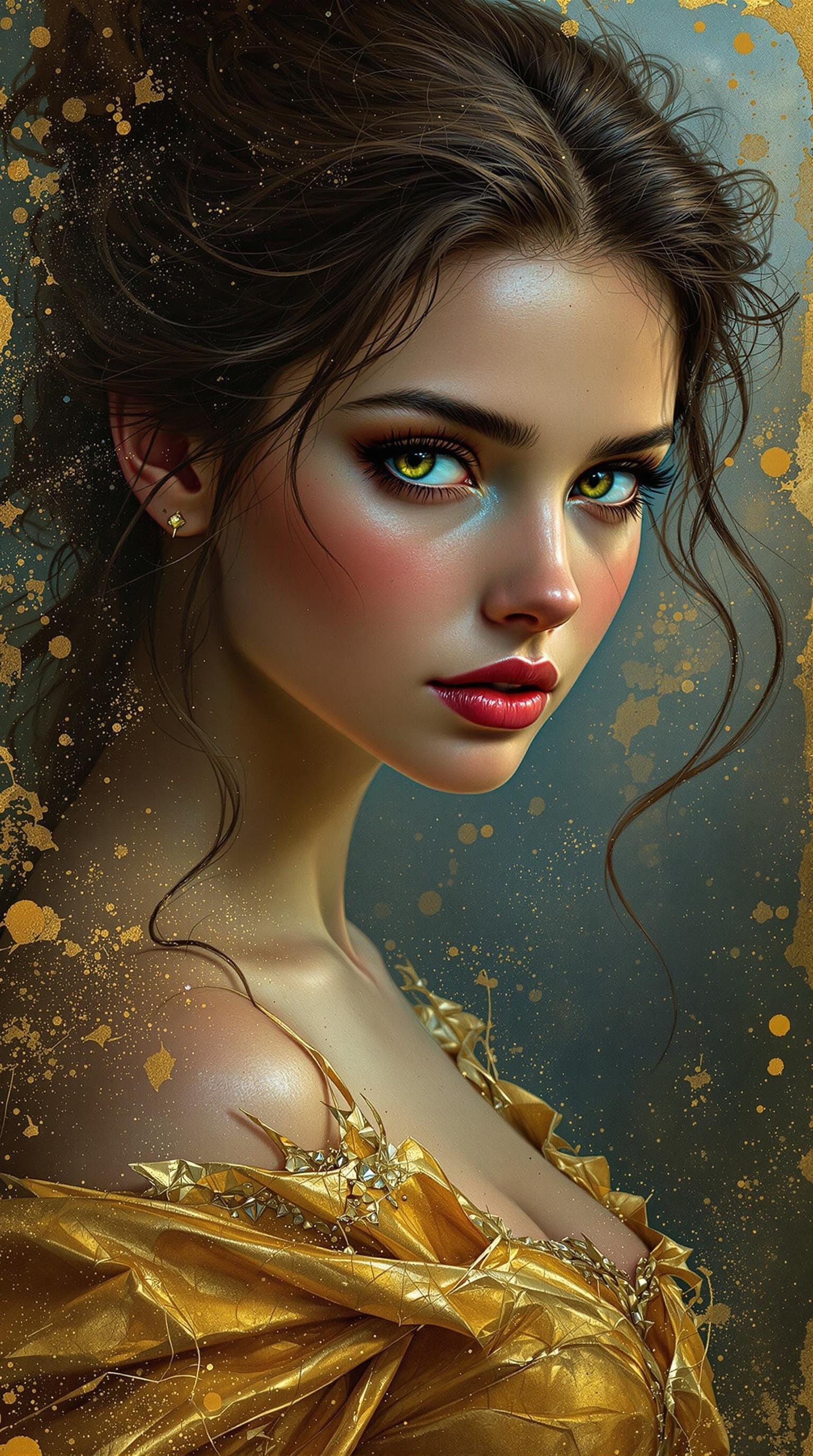 Hyperrealistic Portrait of Princess Belle in Torn Gold Regal...