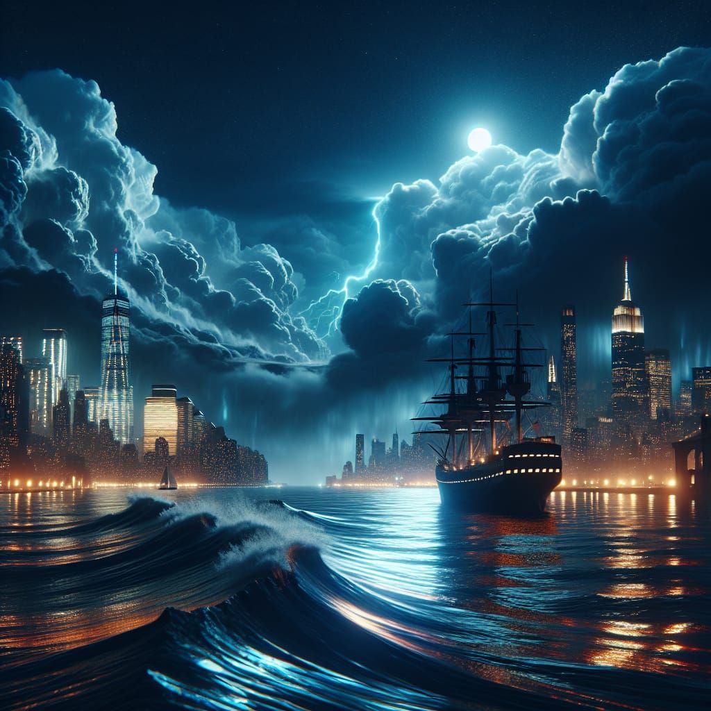 Stormy Midnight: Ship in New York City Skyline
