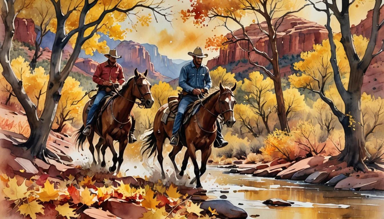 Cowboys in Sedona: Impressionist Watercolor Painting