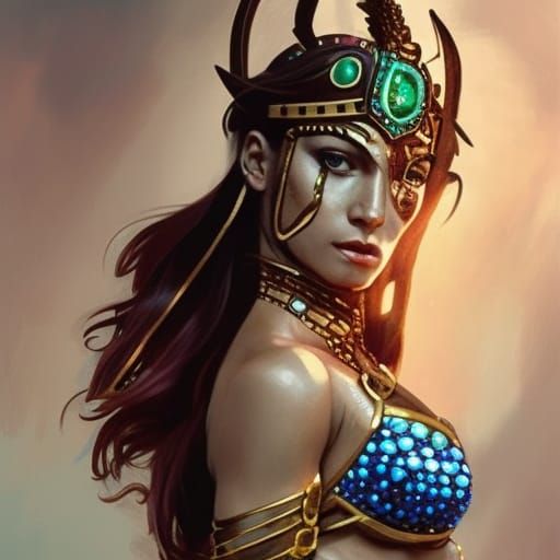 Amazon Warrior Queen in Gold Armor, Digital Portrait