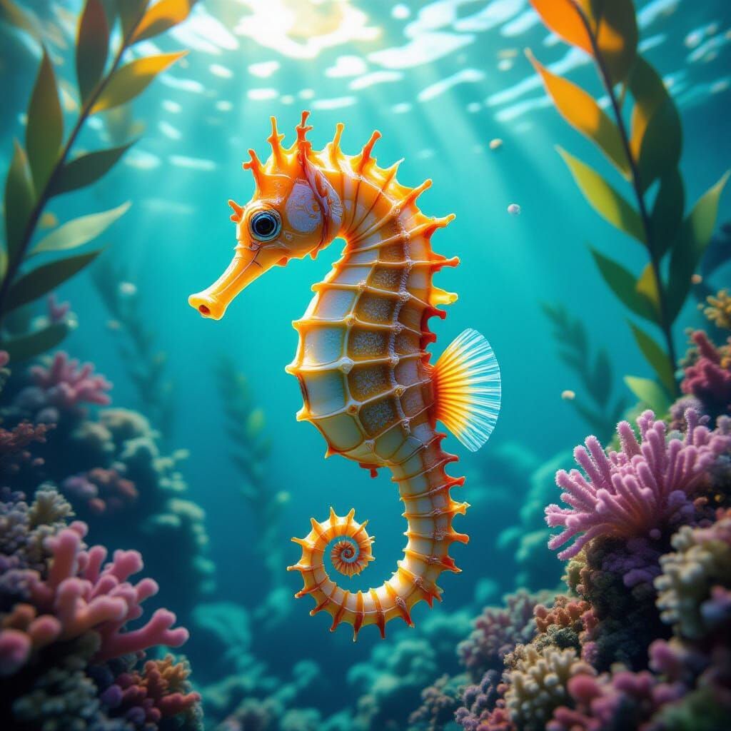 Detailed Seahorse Among Colorful Corals In Dreamlike Underwa...