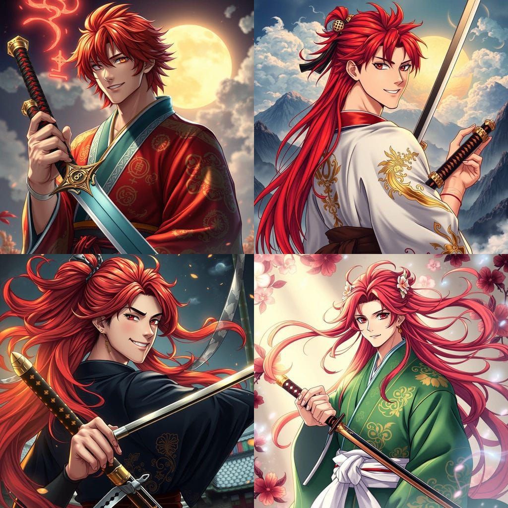 Manga Warrior in Vibrant Kimono, Red Hair Flowing
