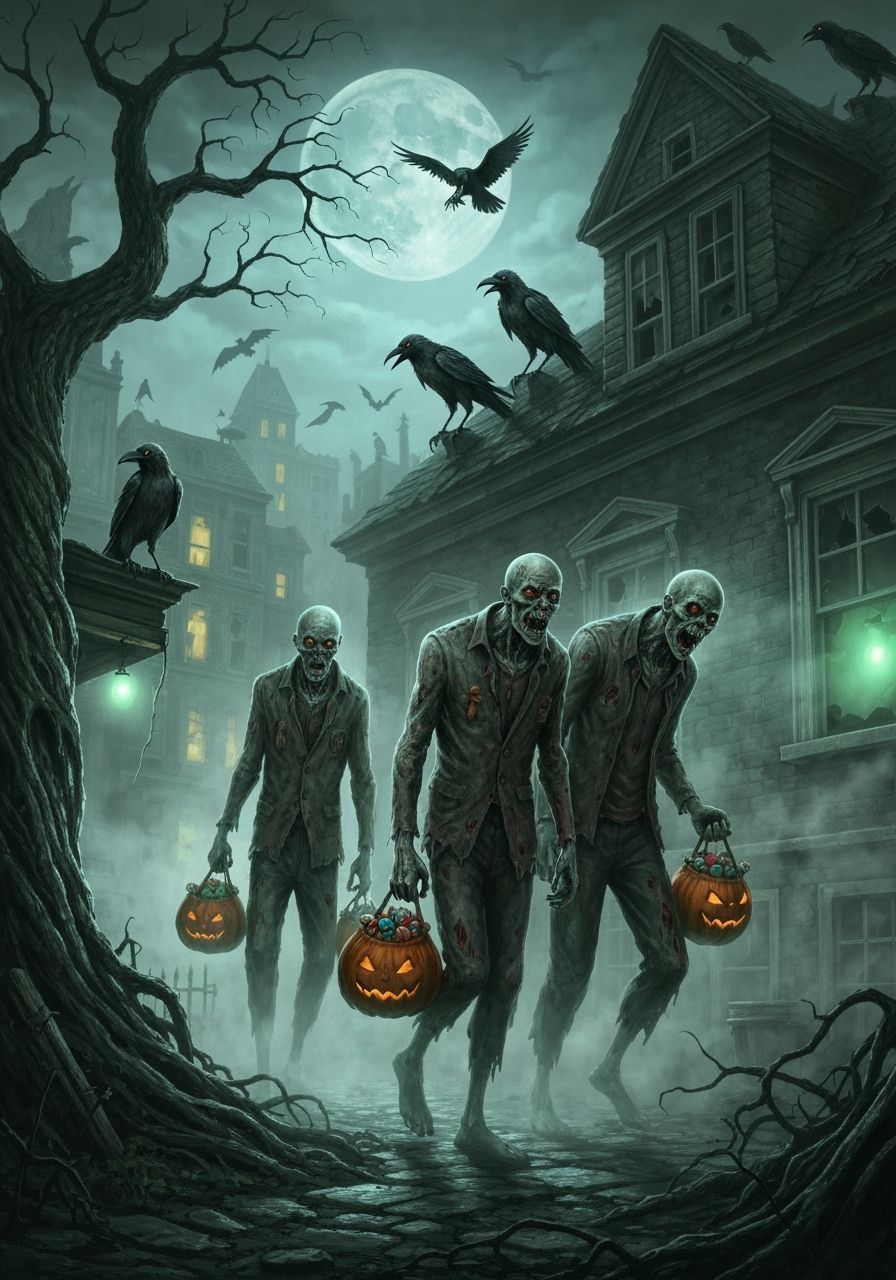 Grim Zombies Trick-or-Treating in Eerie Neighborhood
