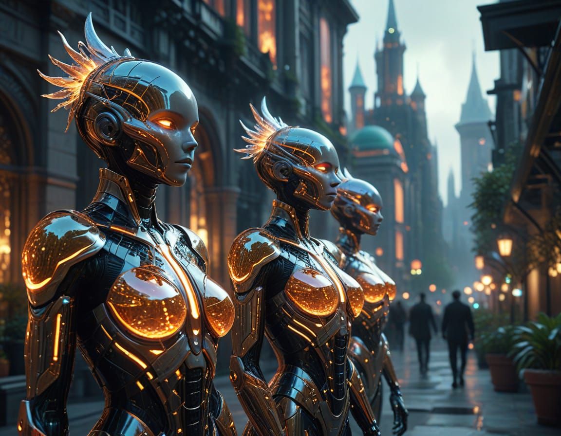 Tech-Couture Humanoids Walk a Sci-Fi Cityscape