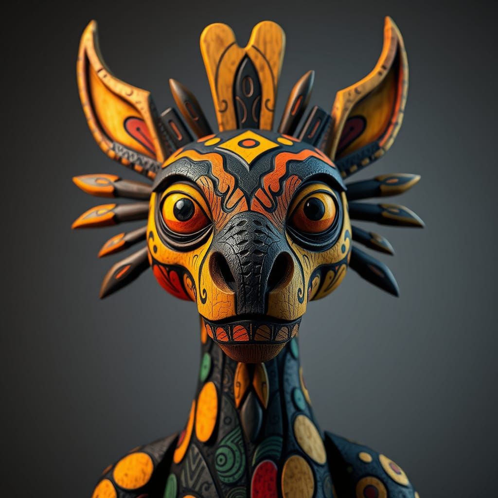 Whimsical Wooden Creature Portrait with Bold Outlines