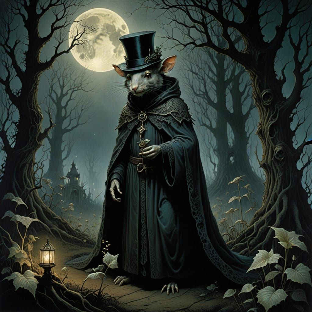 Gothic Night Garden Mouse in Dark Fantasy Moonlight