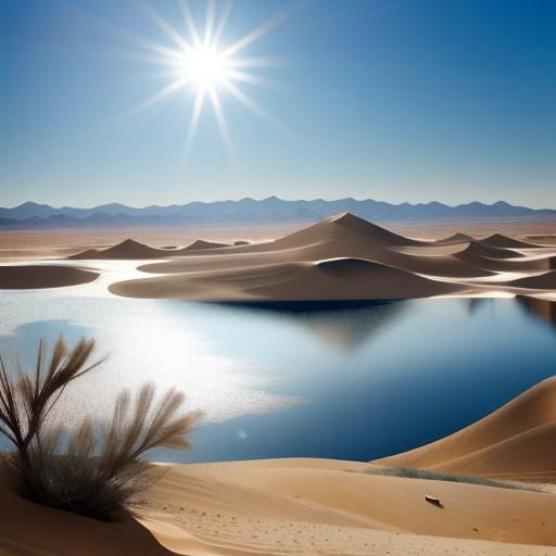 A desert scene depicting a shimmering mirage of water in the distance.