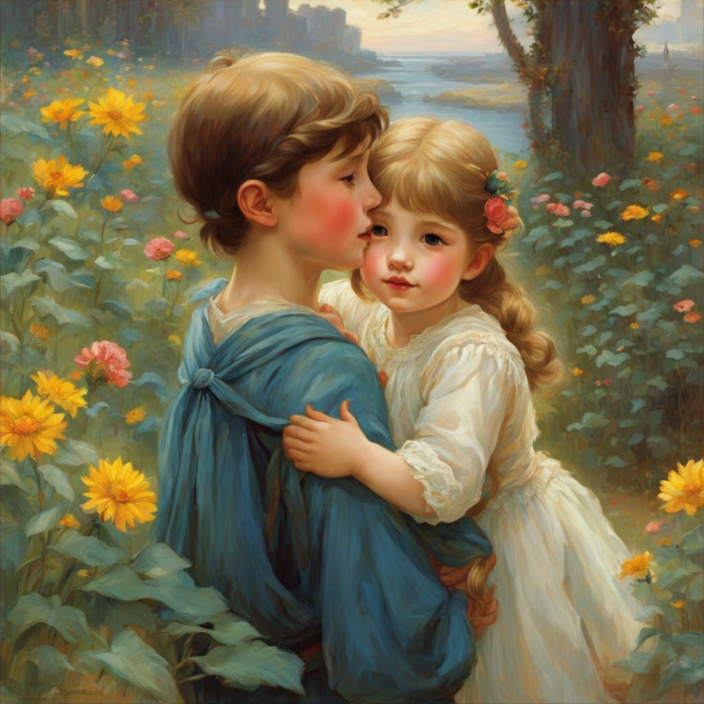 Cheerful Anime Children in Waterhouse Style