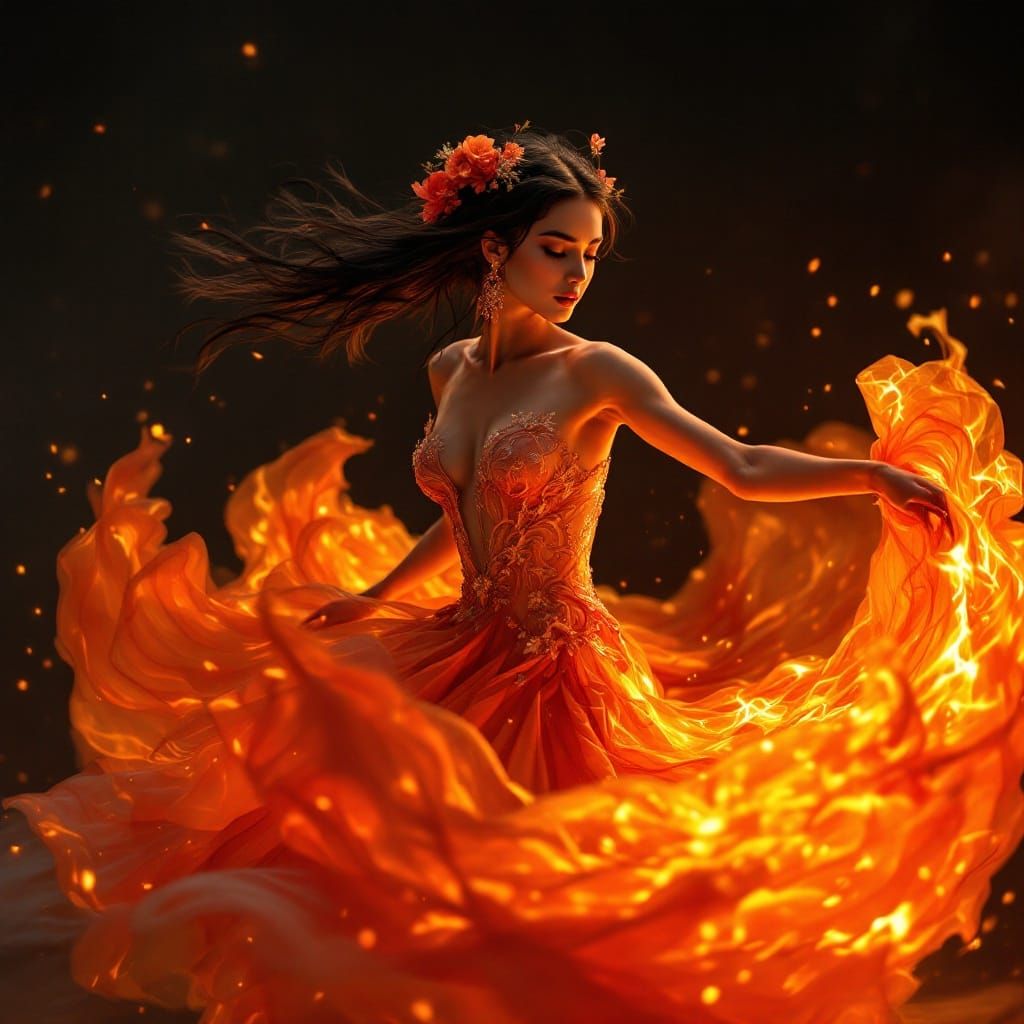 Vibrant Dancer in Flame-Kissed Gown