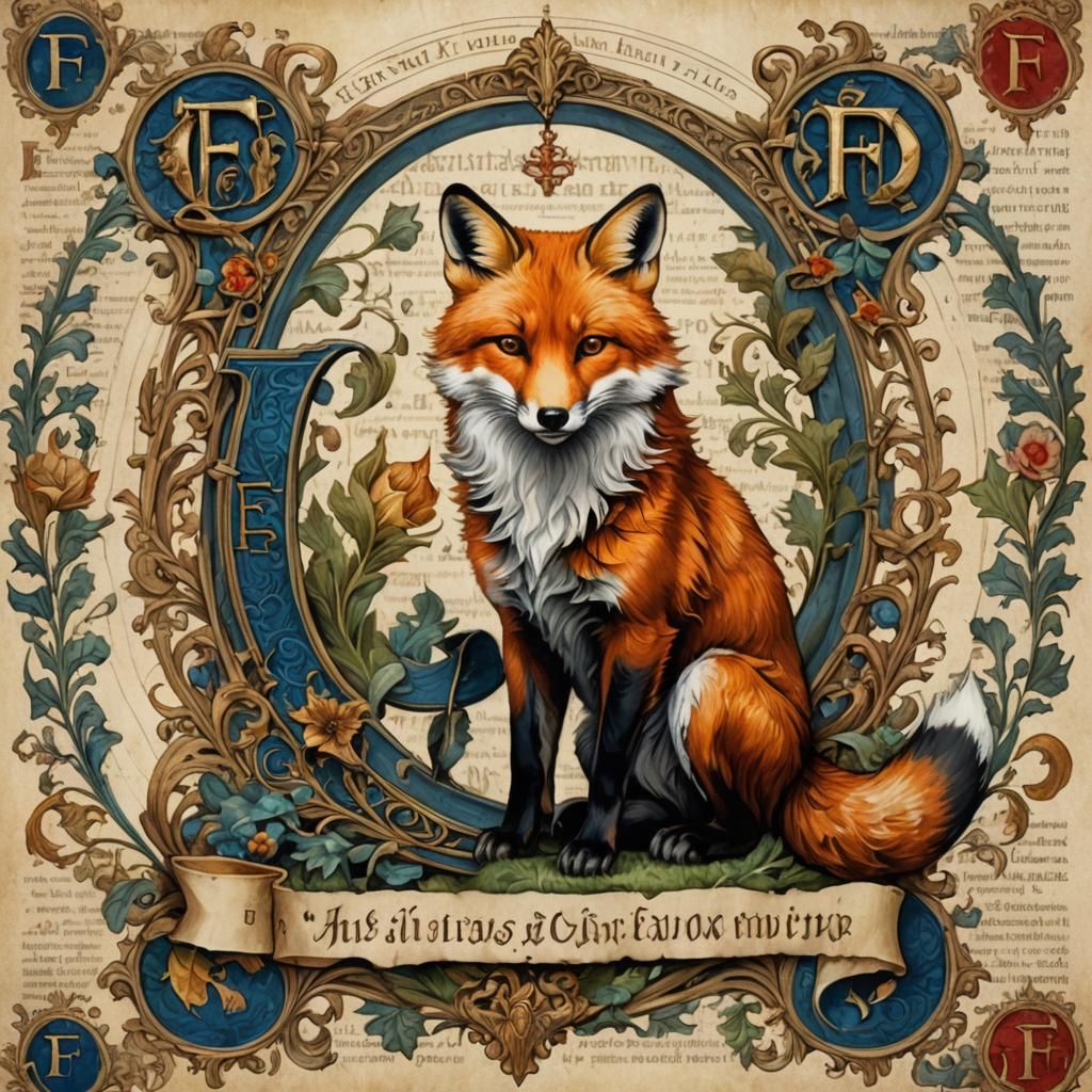 Fox and Medieval Letter F in Illuminated Manuscript Style