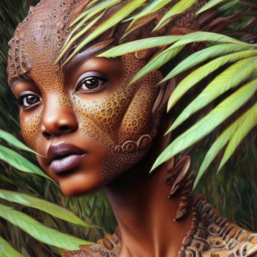 Beautiful African Dinosaur Girl in Oil Painting Style