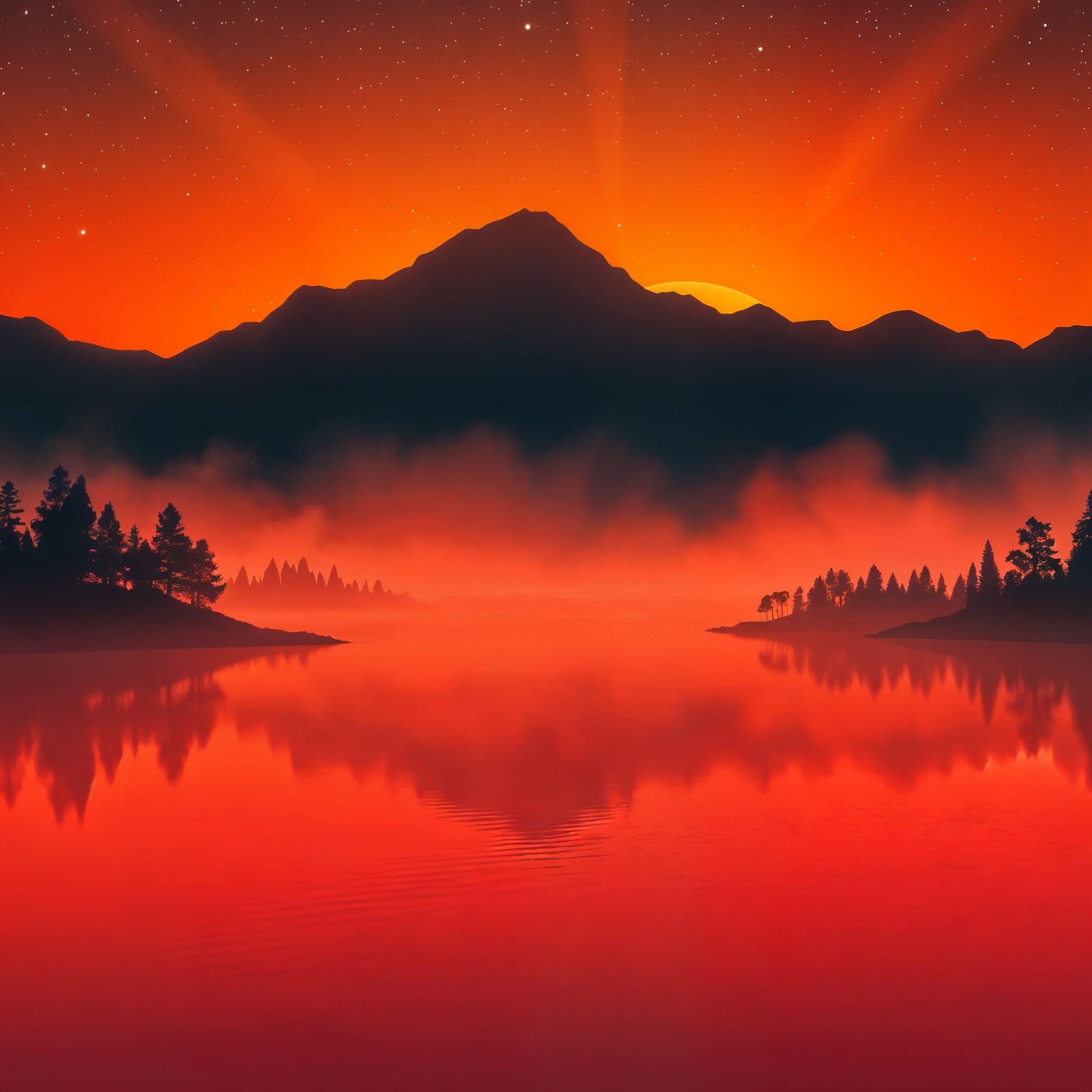 Synthwave Orange Lake Under Starry Night Sky