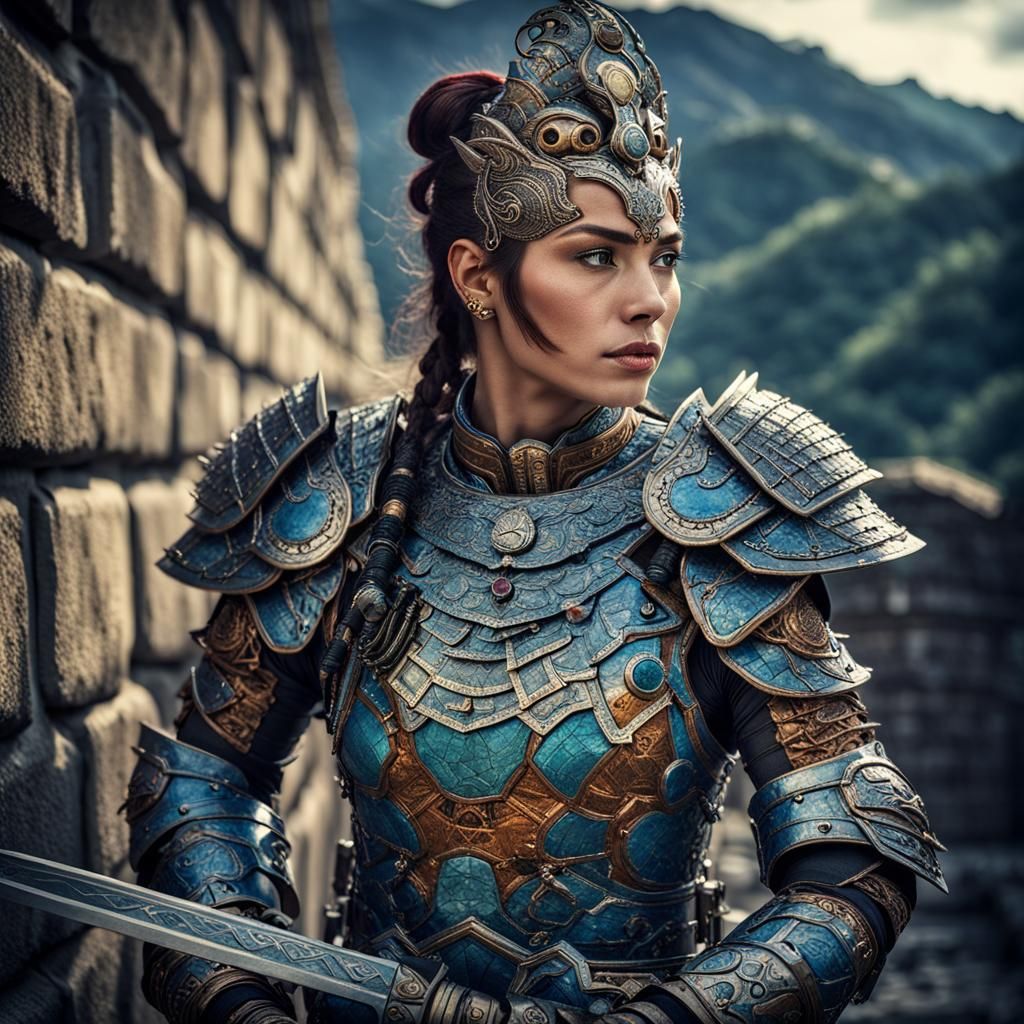Armored Woman on Great Wall: Hyperrealistic Digital Art