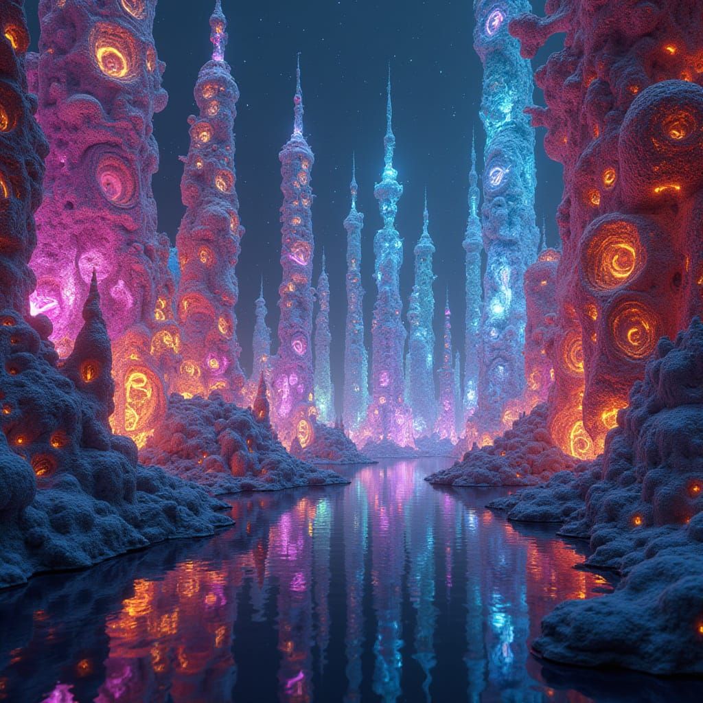 Bioluminescent Fractal City in Maximalist Digital Art