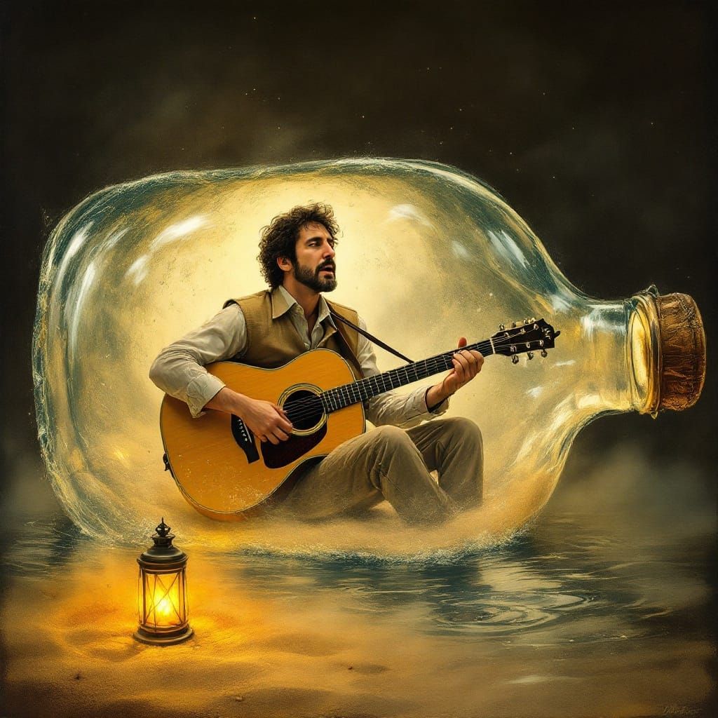 Folk Singer Inside Whimsical Glass Bottle