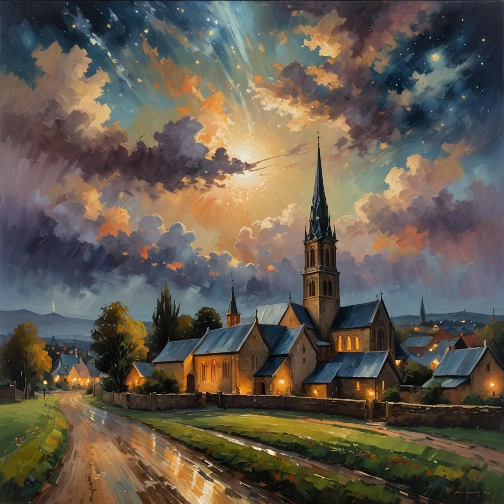 Village Under Starry Night Sky in Impressionist Style