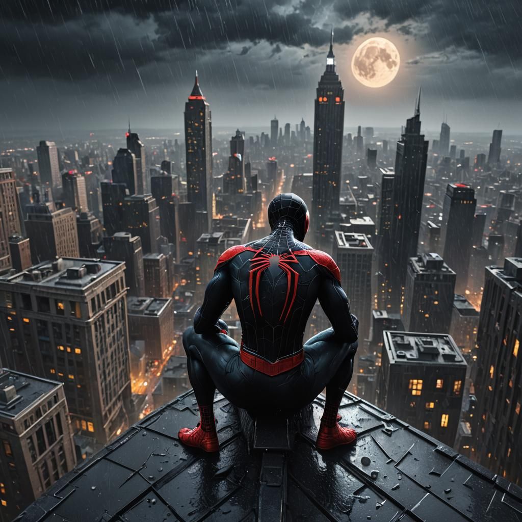 Black Spiderman on Skyscraper in Rain, 3D Render