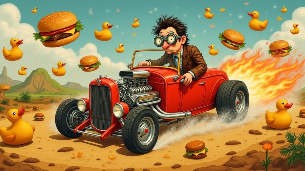 Quirky Man's Hot Rod Ride Through Surreal World