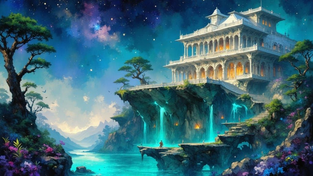 Fantasy River Building in Hyper Realistic Illustration Style