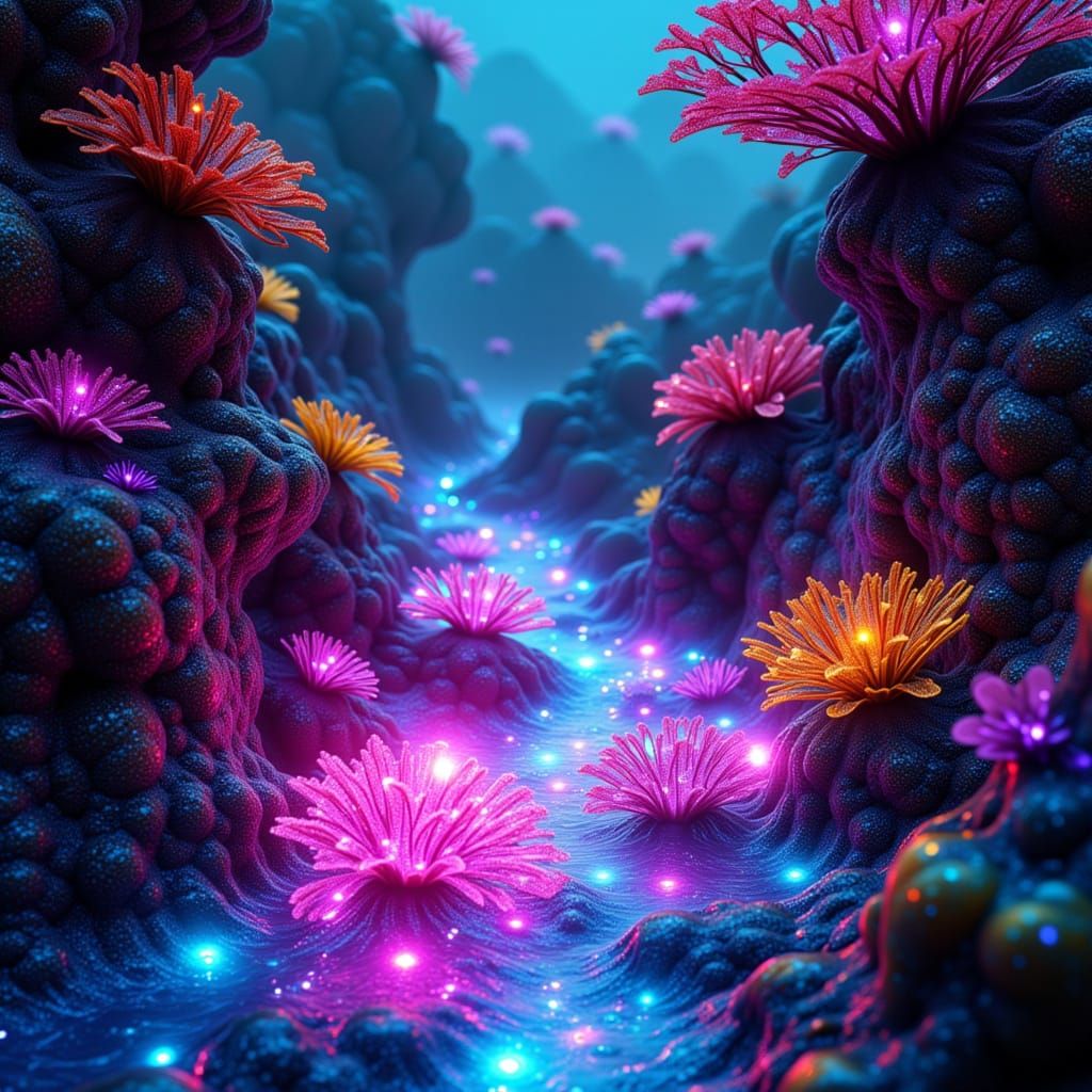 Glowing Potions Among Bioluminescent Plants in Sci-Fi Style
