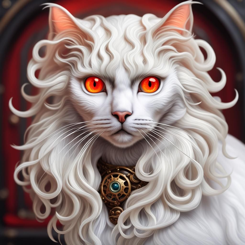 Steampunk Cat with Marble Hair and Red Eyes