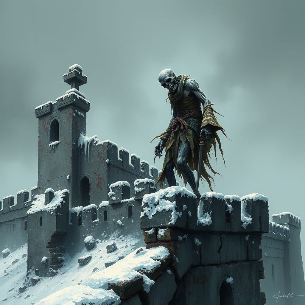 Grotesque Undead Wizard Zombie on Winter Castle Battlements