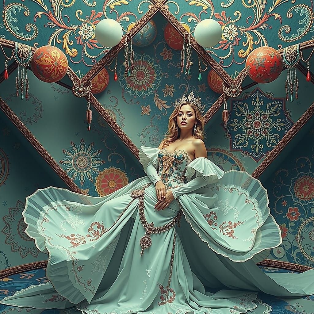 Dreamy Woman Posing in Surreal 3D Psychedelic Scene