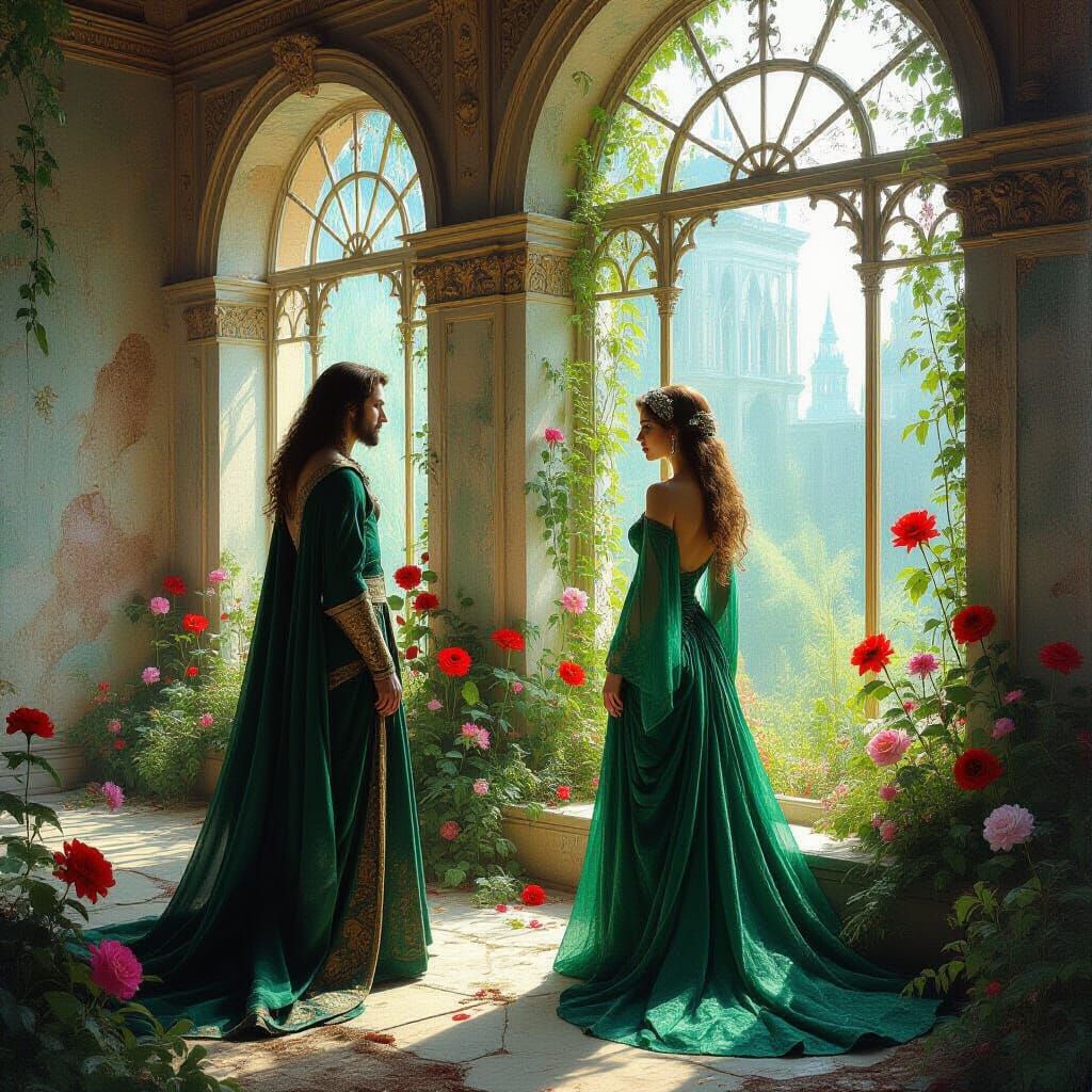 King and Emerald Woman in Glass Garden, Romanticism Style