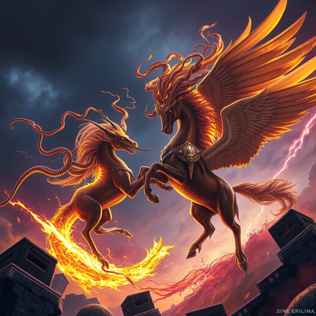 Medusa and Pegasus Battle in Apocalyptic Sky