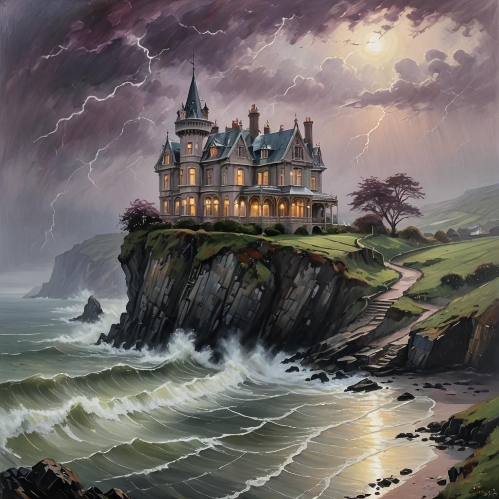 Misty Gothic Mansion on Irish Coast in Impressionist Style