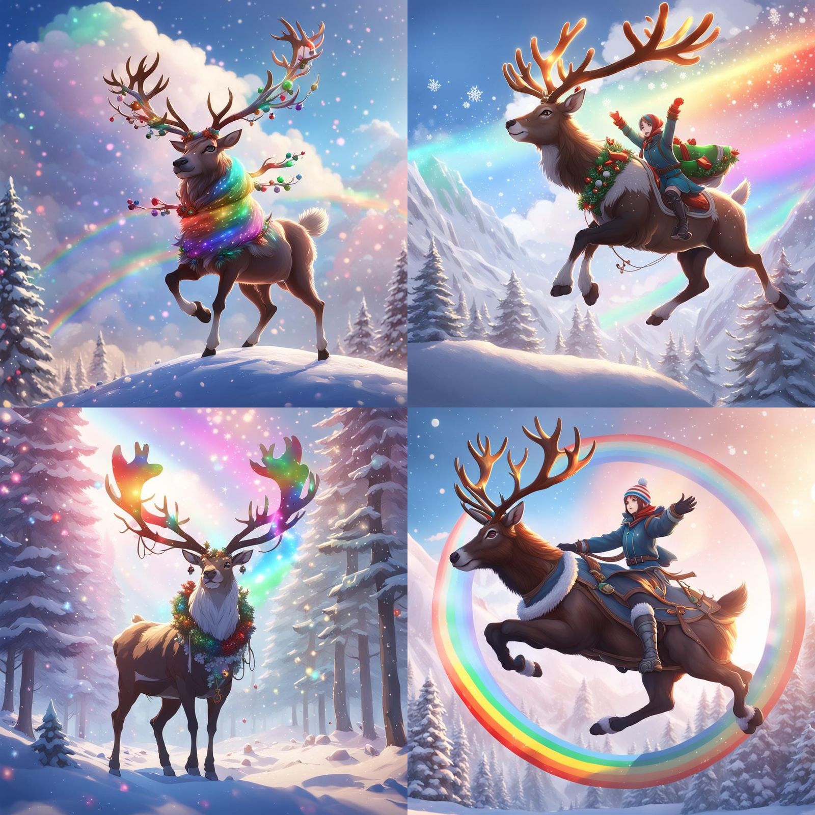 Flying Reindeer Over Rainbow in 3D Anime Style