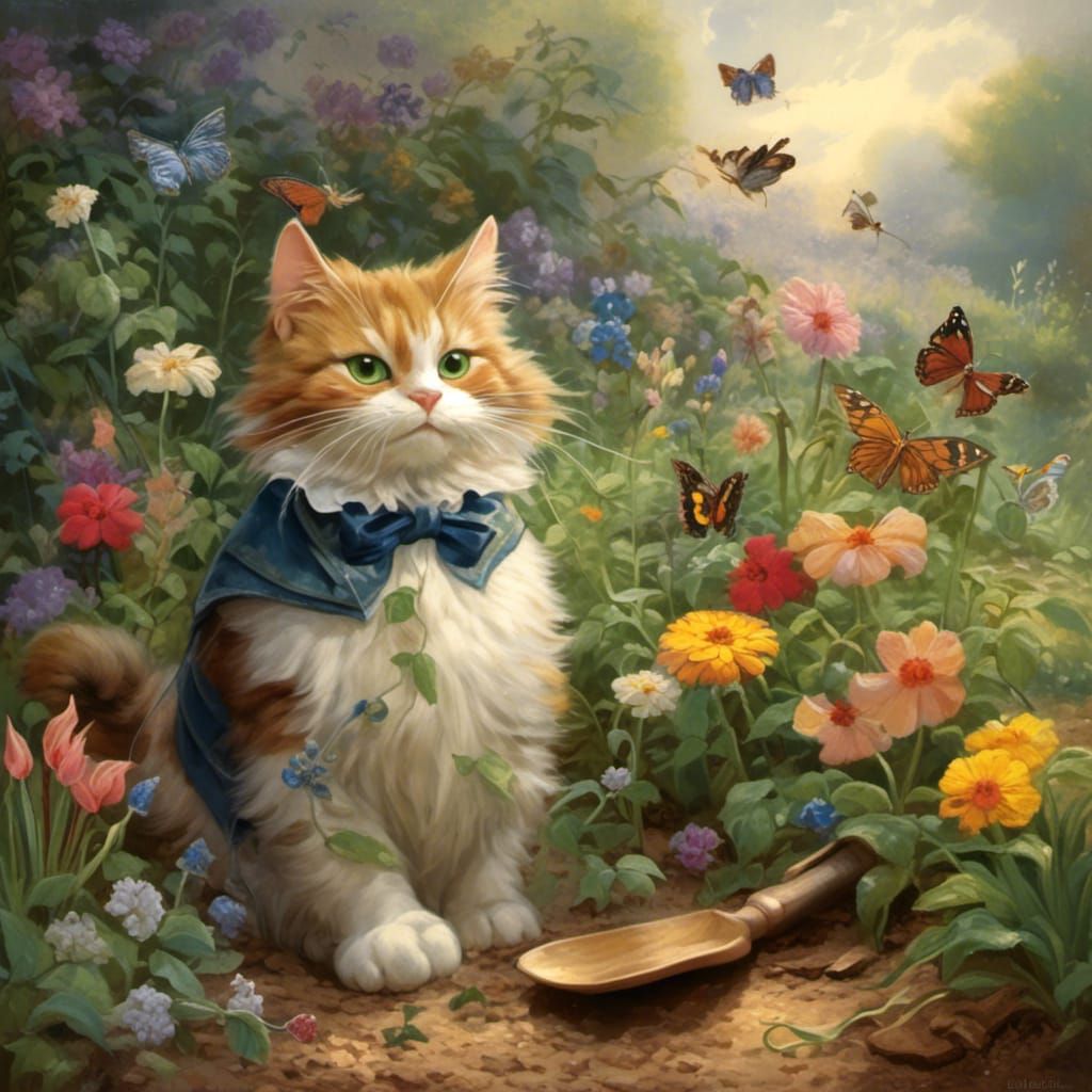 (A anthropomorphic <lora:Anthropo-Art:1.0> calico cat Gardening; planting beatiful colorful flowers while admirering the...