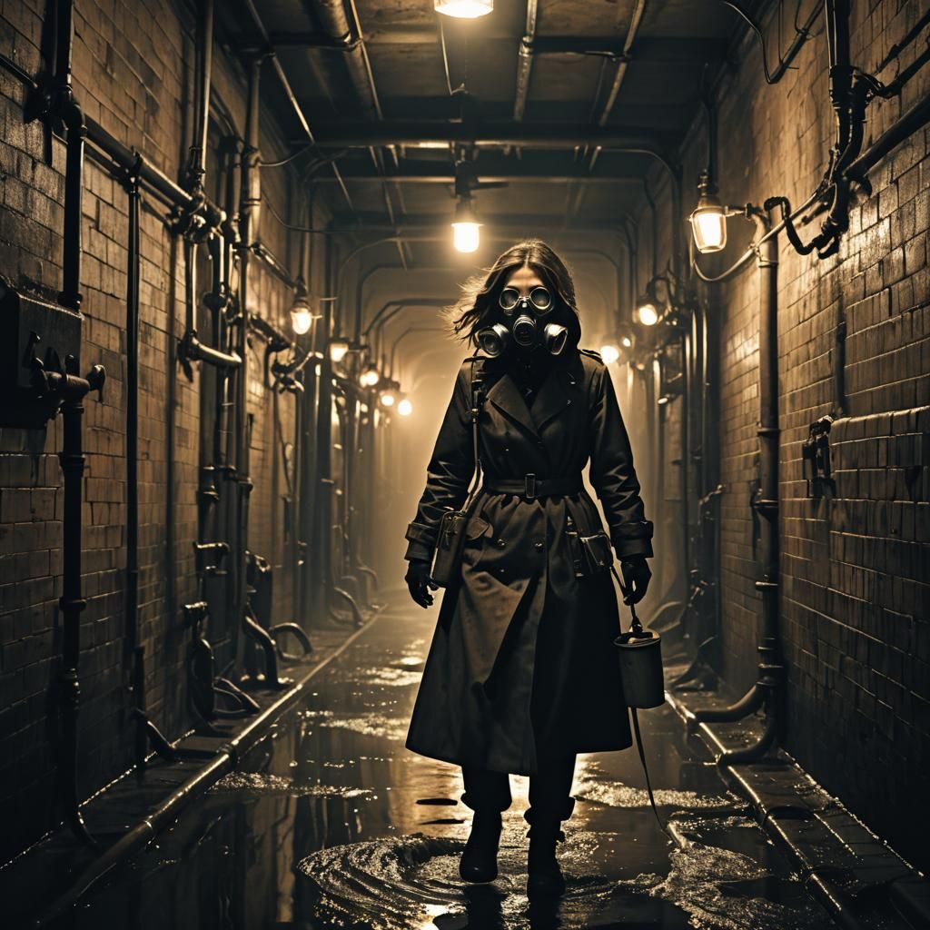 Dark Fantasy Sewer Walk with Gas Mask
