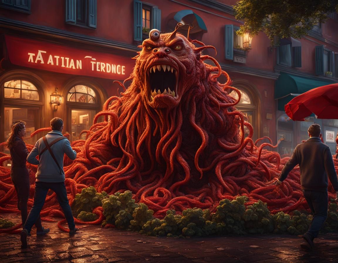 Spaghetti Monster Attacks Restaurant: Fantastical Art