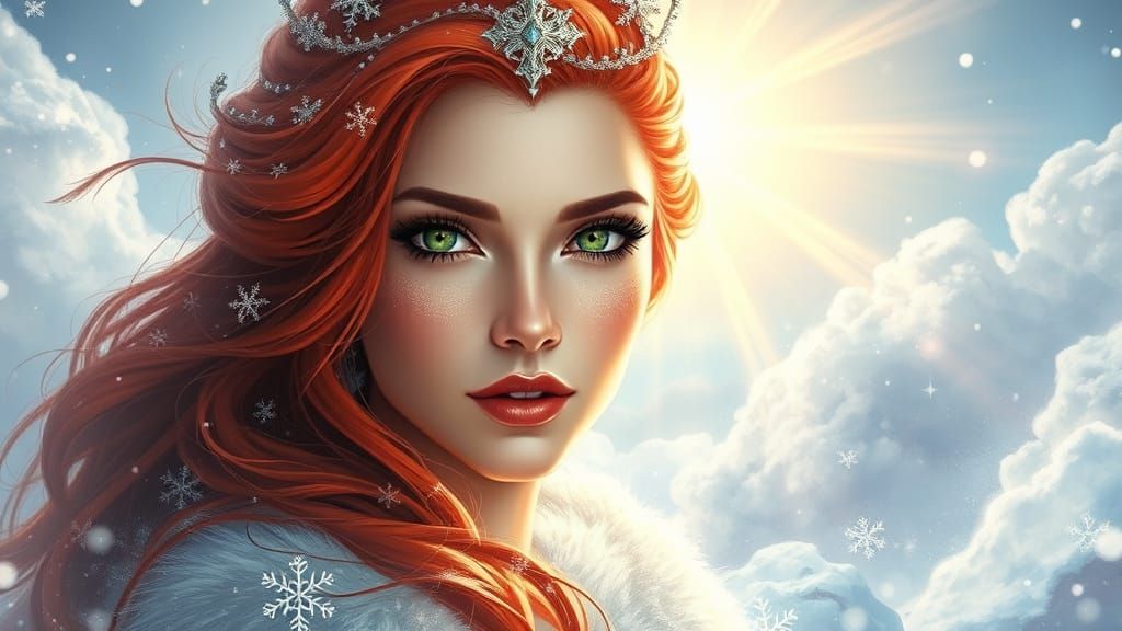 Glamorous Snow Queen with Red Hair and Green Eyes